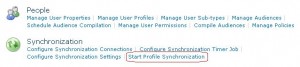 Starten einer Profil-Synchronisation über die Zentraladministration im SharePoint 2010.